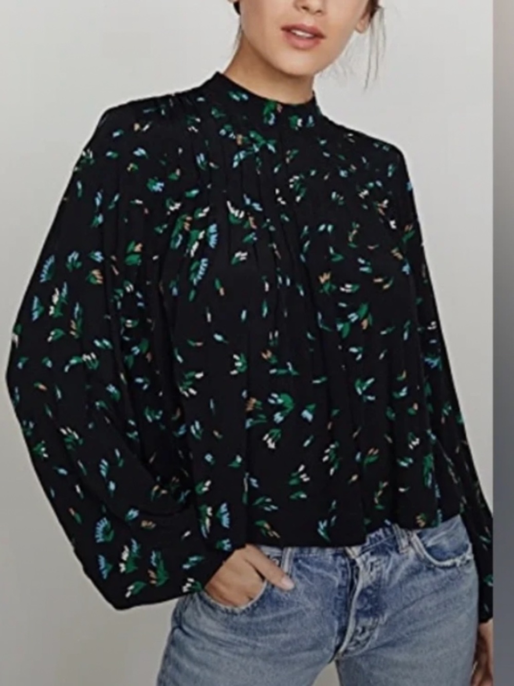 Ganni Black Blouse with Green and Blue Pattern